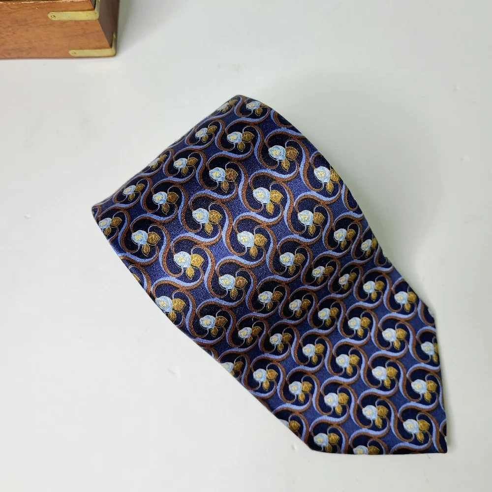 Ermenegildo Zegna Blue Gold Rose Floral Print Silk Tie